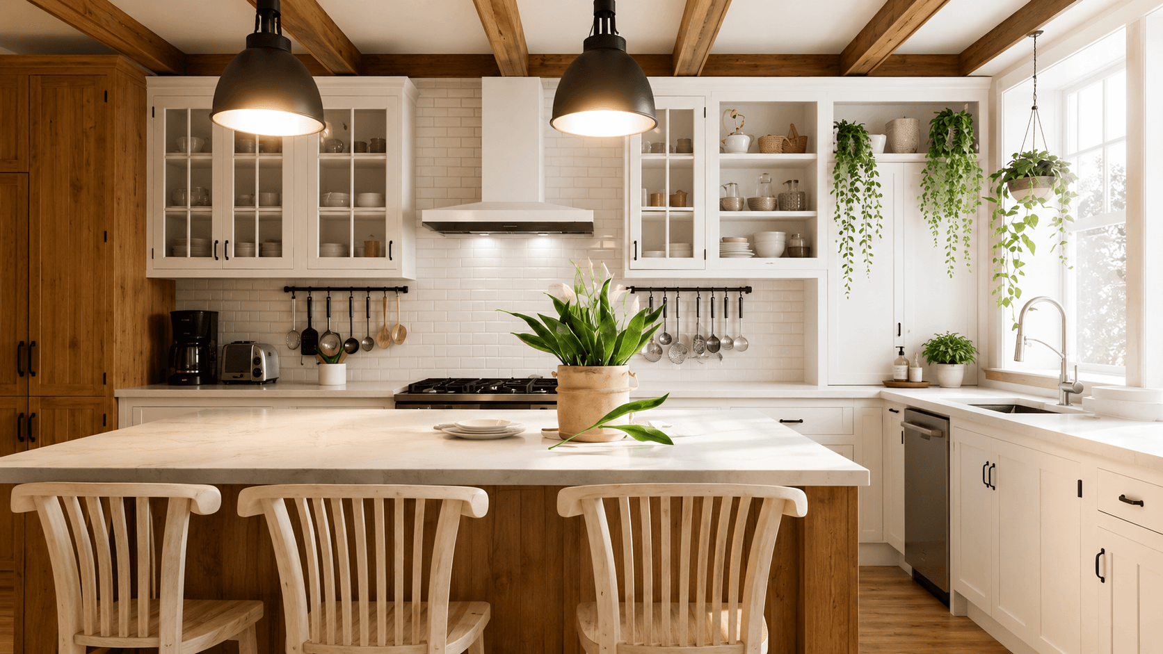 Bright kitchen with white cabinets, wood ceiling beams, hanging plants, and island seating