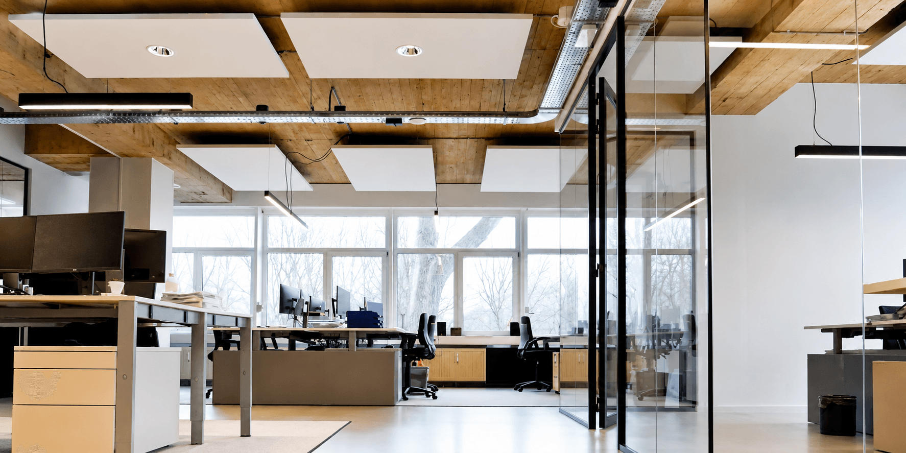 Open-plan office with rows of desks, glass partitions, and tall windows